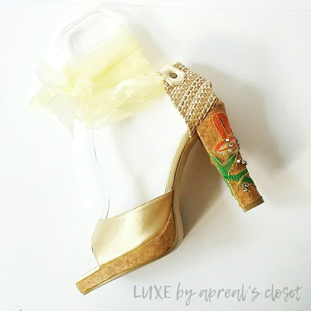 Satin Jeweled Flower Embellished Cork Heels